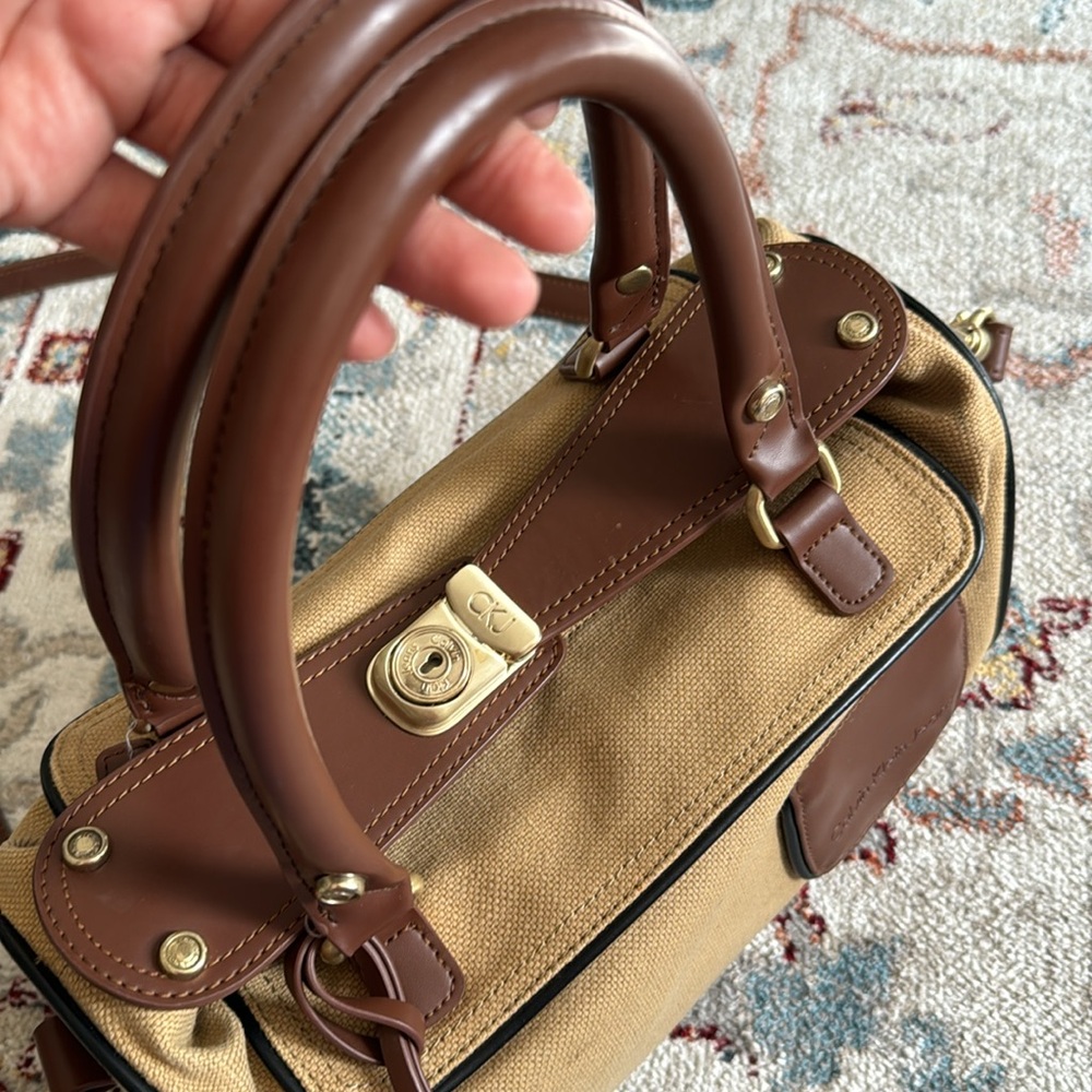 Calvin Klein Canvas & Leather Lock & Key Satchel Shoulder Bag Brown - Picture 2 of 14